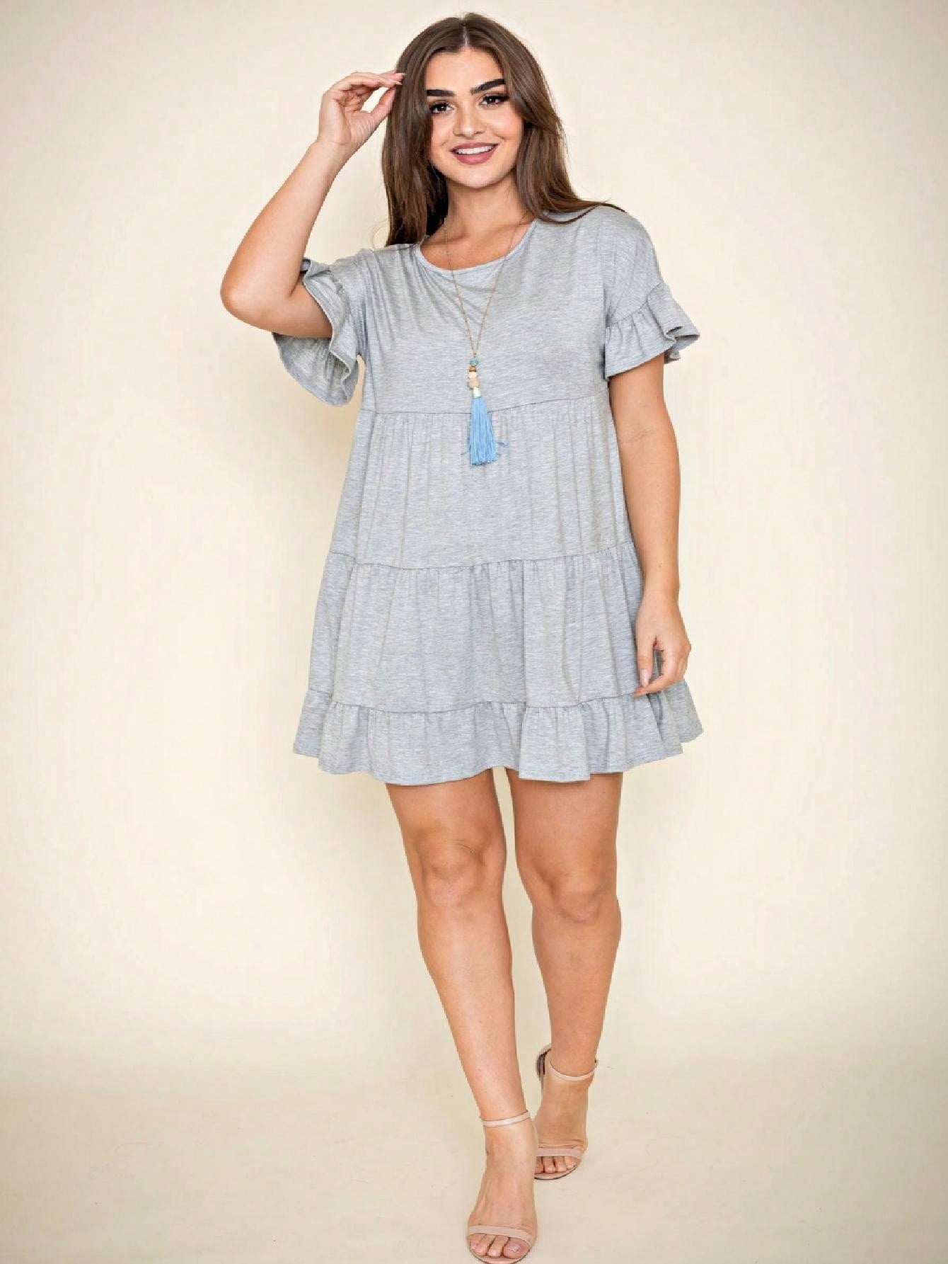 Summer Boho Retro Solid Color  Ruffle  Tiered Flutter Sleeve  Dress|  Small -3 XL