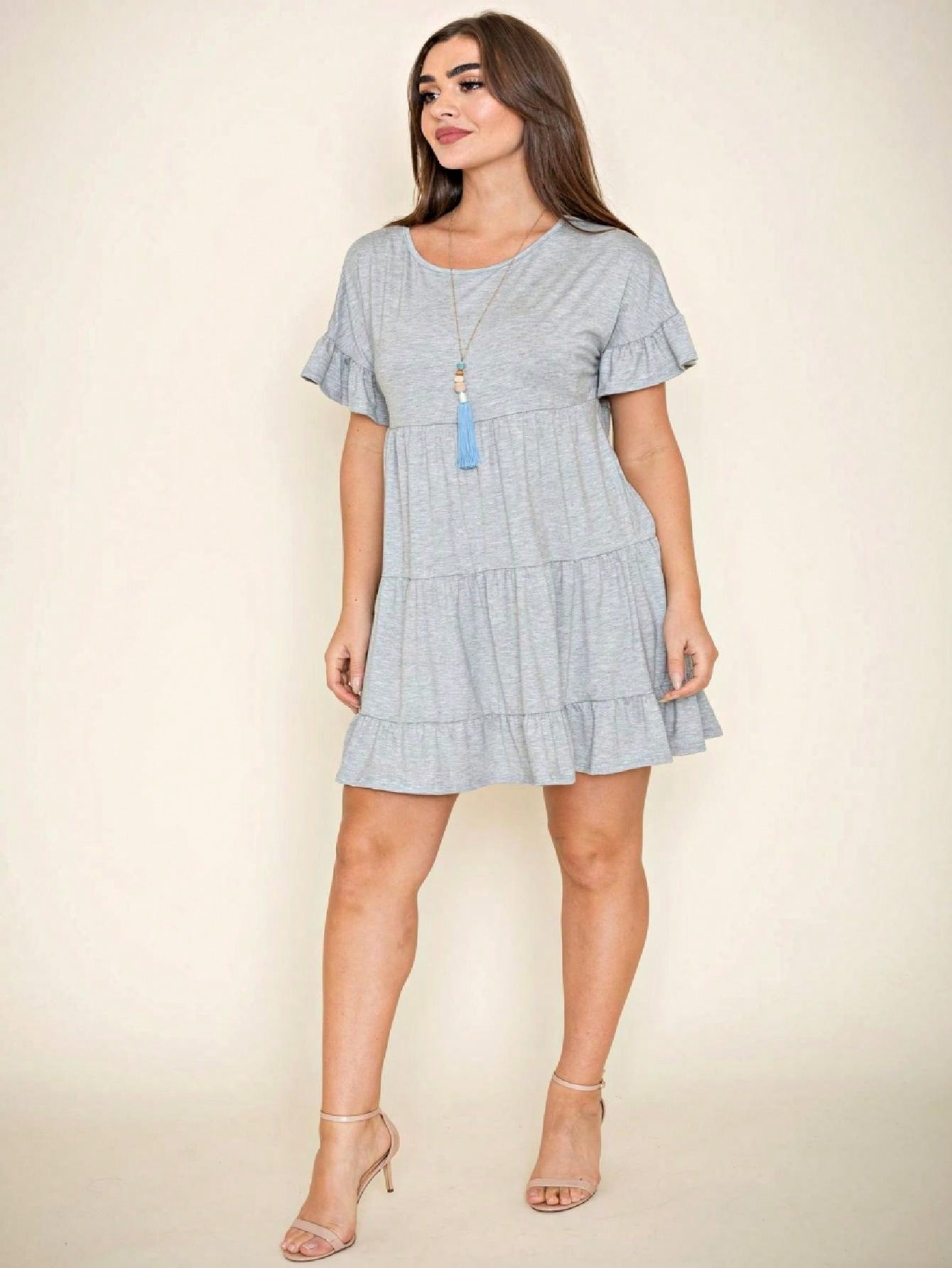 Summer Boho Retro Solid Color  Ruffle  Tiered Flutter Sleeve  Dress|  Small -3 XL