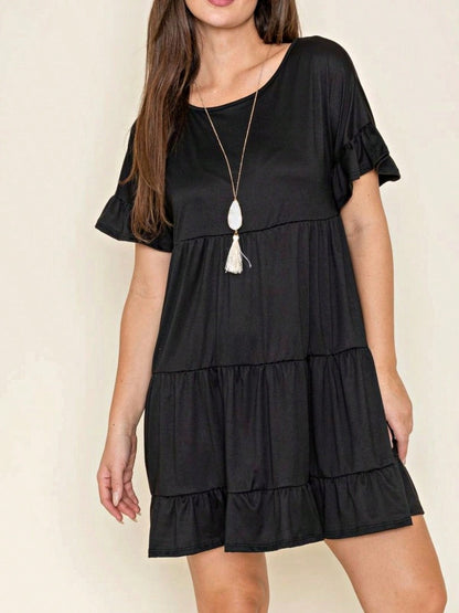 Summer Boho Retro Solid Color  Ruffle  Tiered Flutter Sleeve  Dress|  Small -3 XL