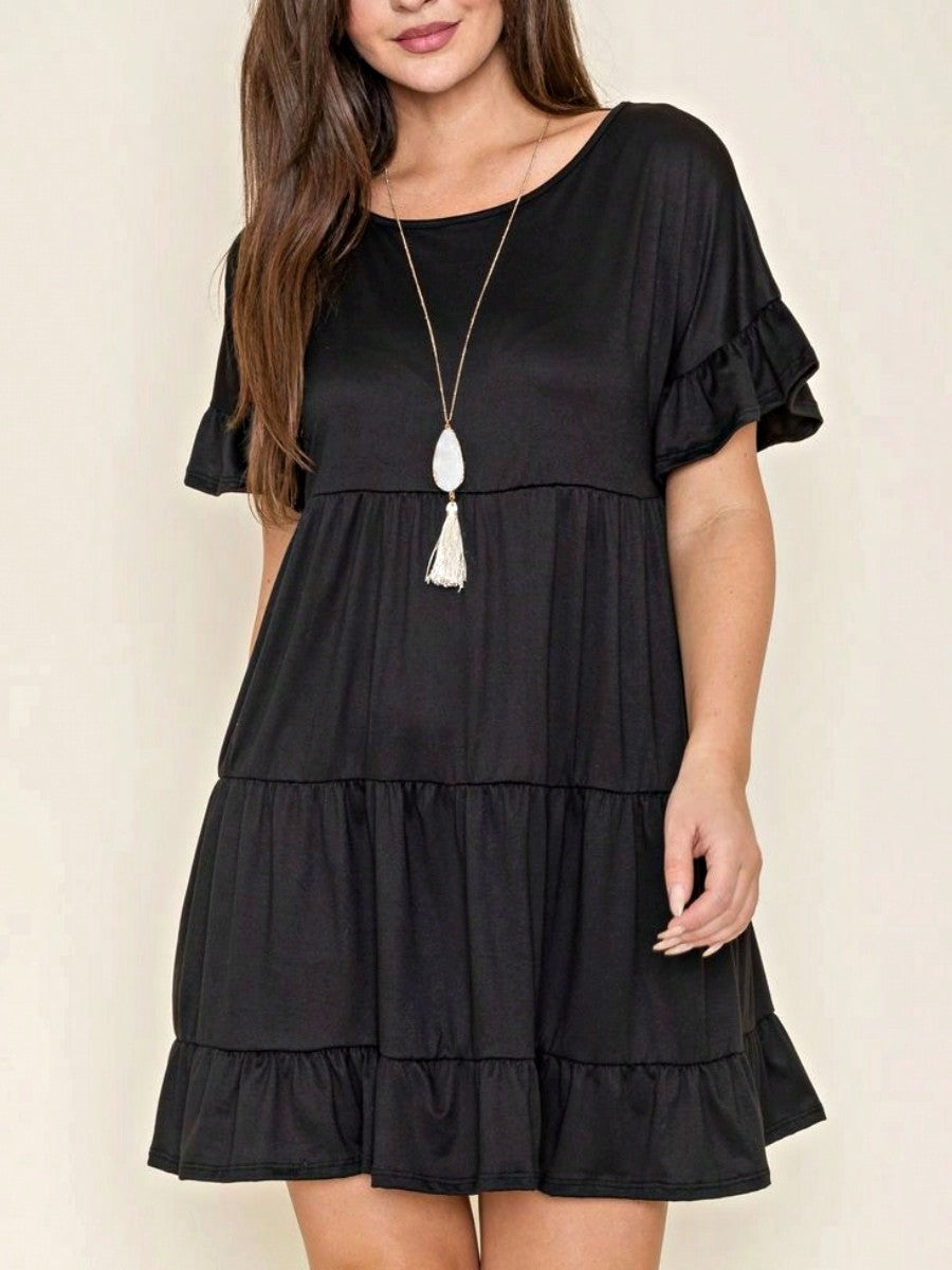 Summer Boho Retro Solid Color Ruffle Tiered Flutter Sleeve Dress| Small -3 XL Grey / S