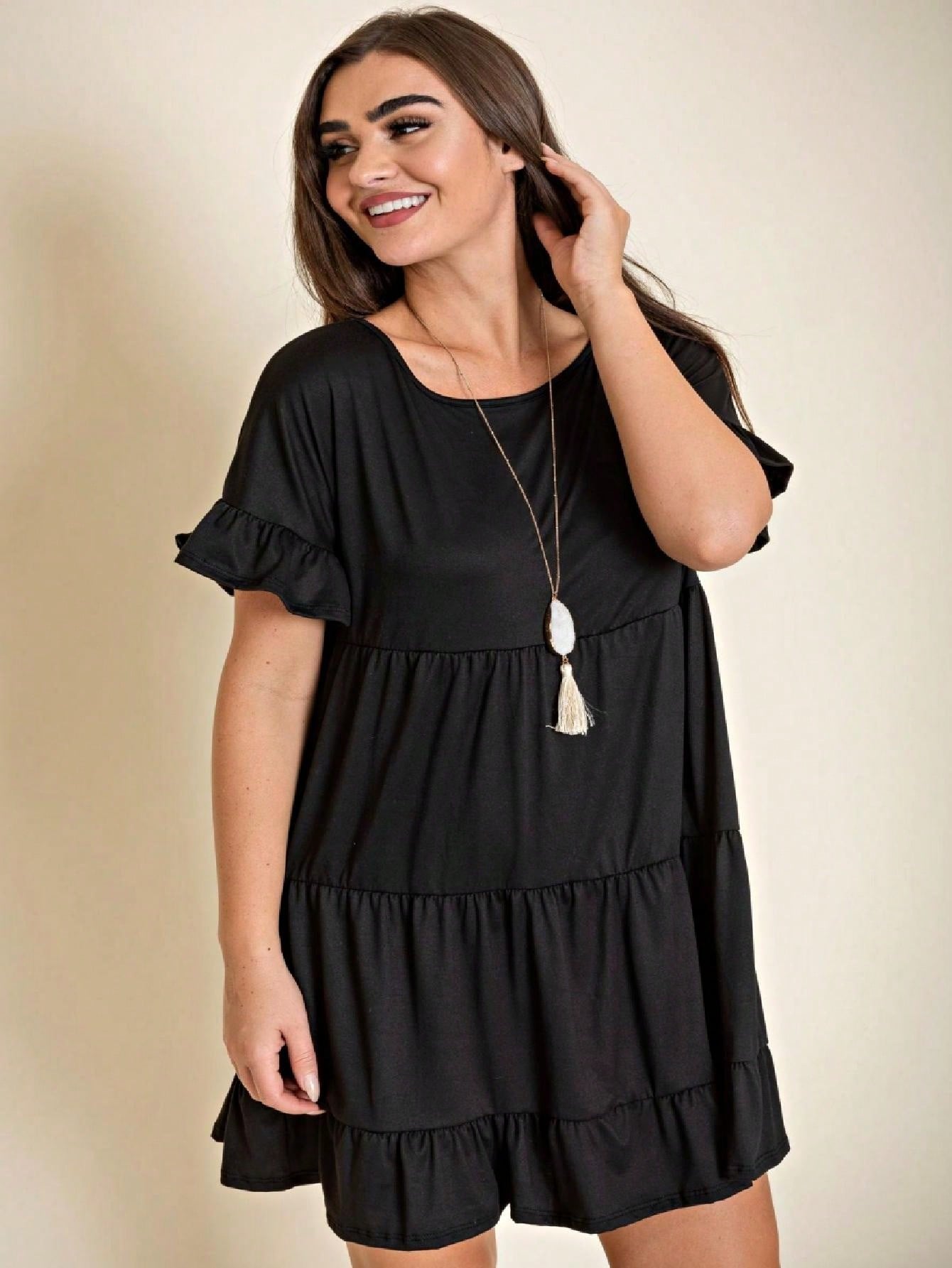 Summer Boho Retro Solid Color  Ruffle  Tiered Flutter Sleeve  Dress|  Small -3 XL