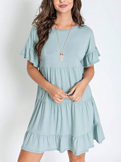 Summer Boho Retro Solid Color  Ruffle  Tiered Flutter Sleeve  Dress|  Small -3 XL