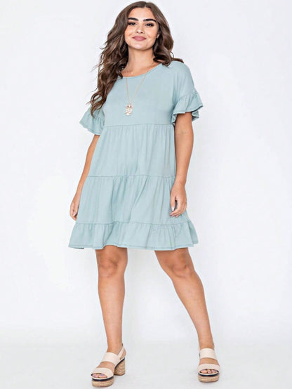 Summer Boho Retro Solid Color  Ruffle  Tiered Flutter Sleeve  Dress|  Small -3 XL
