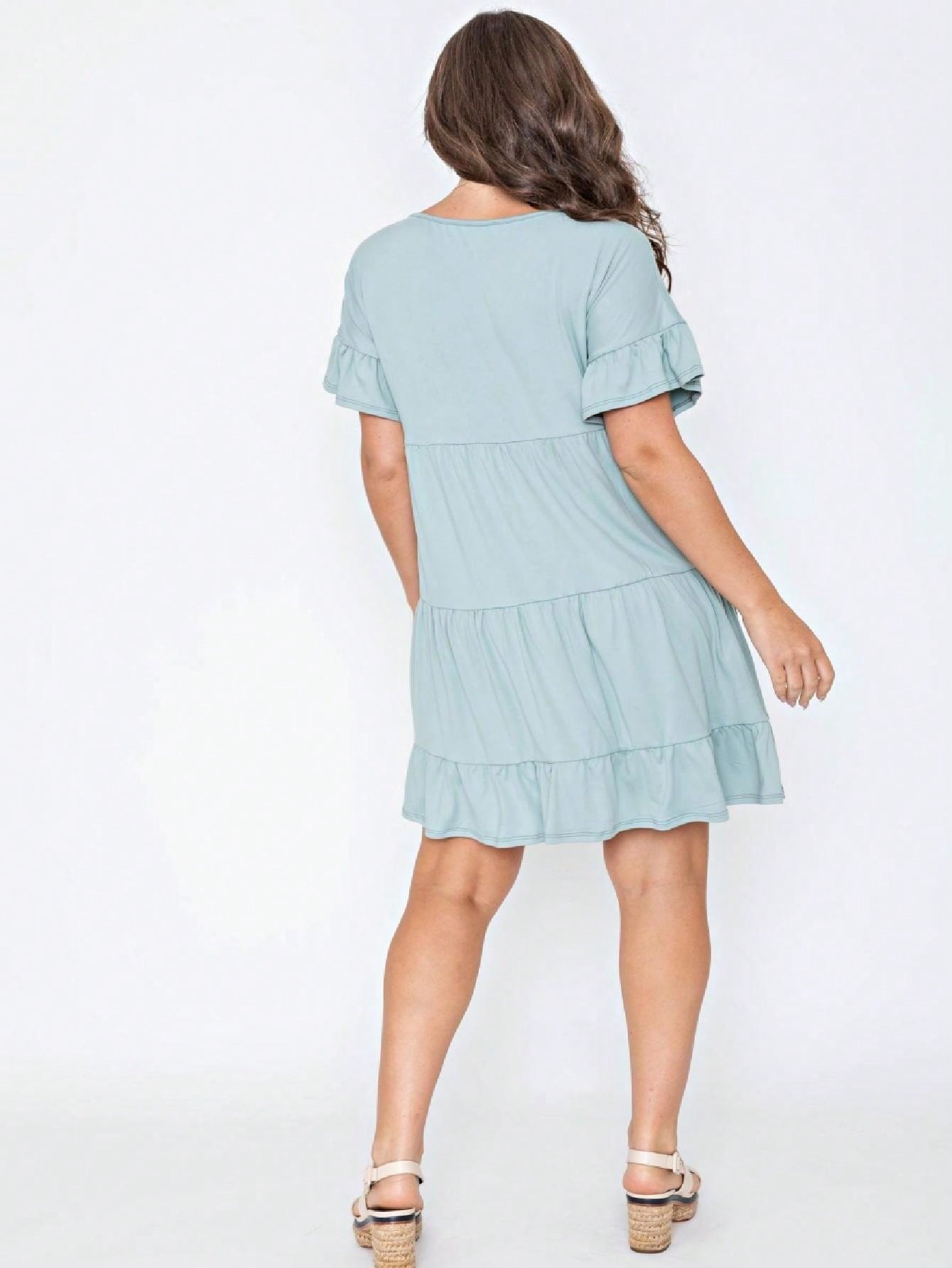Summer Boho Retro Solid Color  Ruffle  Tiered Flutter Sleeve  Dress|  Small -3 XL