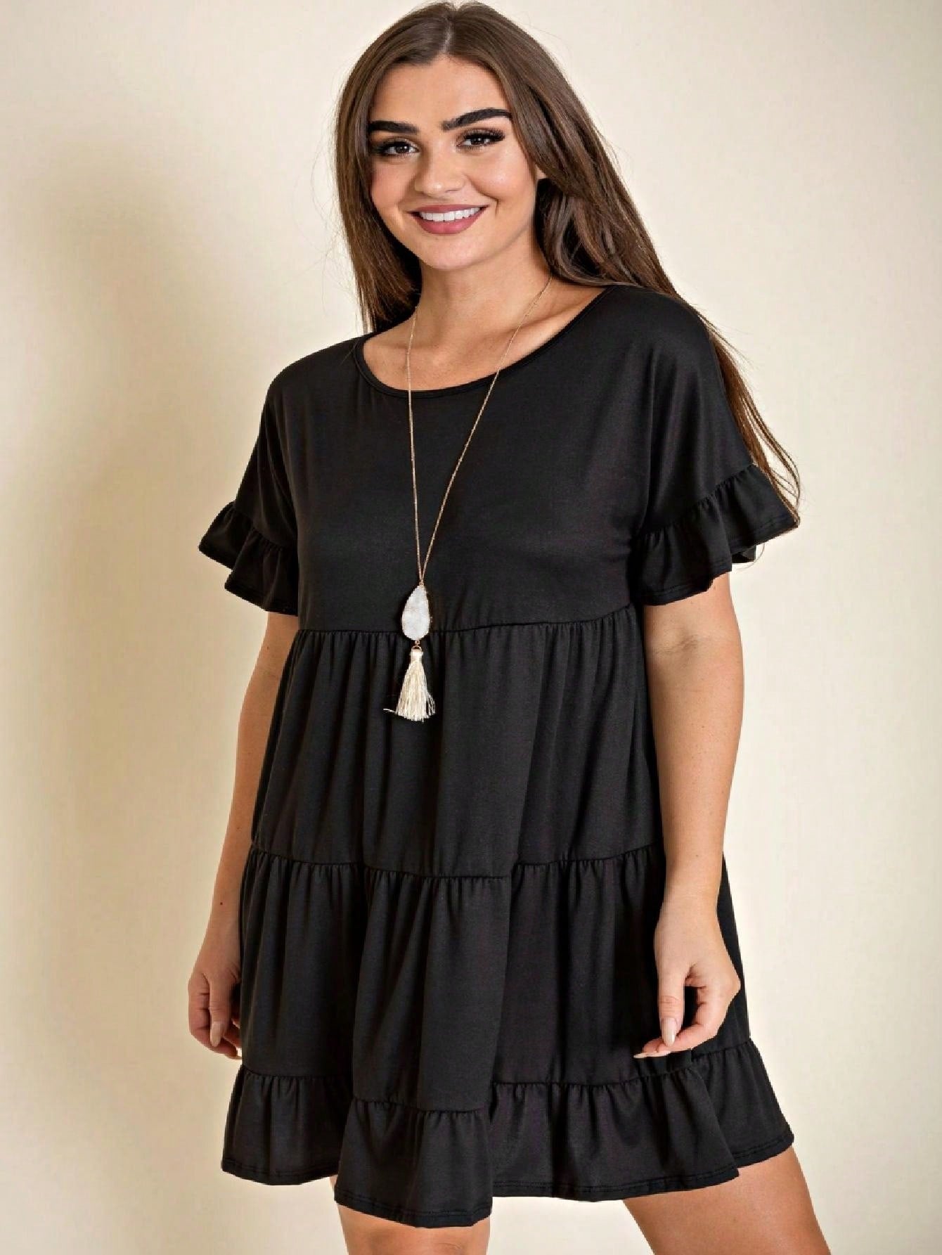 Summer Boho Retro Solid Color  Ruffle  Tiered Flutter Sleeve  Dress|  Small -3 XL