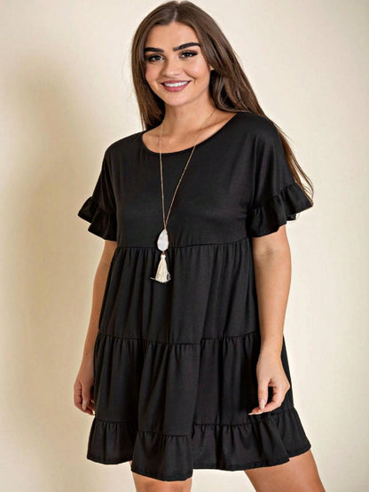 Summer Boho Retro Solid Color  Ruffle  Tiered Flutter Sleeve  Dress|  Small -3 XL