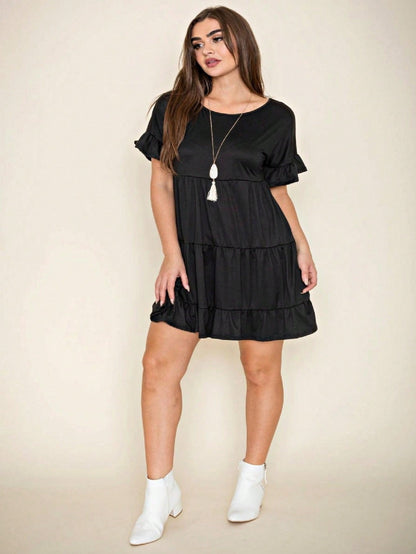 Summer Boho Retro Solid Color  Ruffle  Tiered Flutter Sleeve  Dress|  Small -3 XL