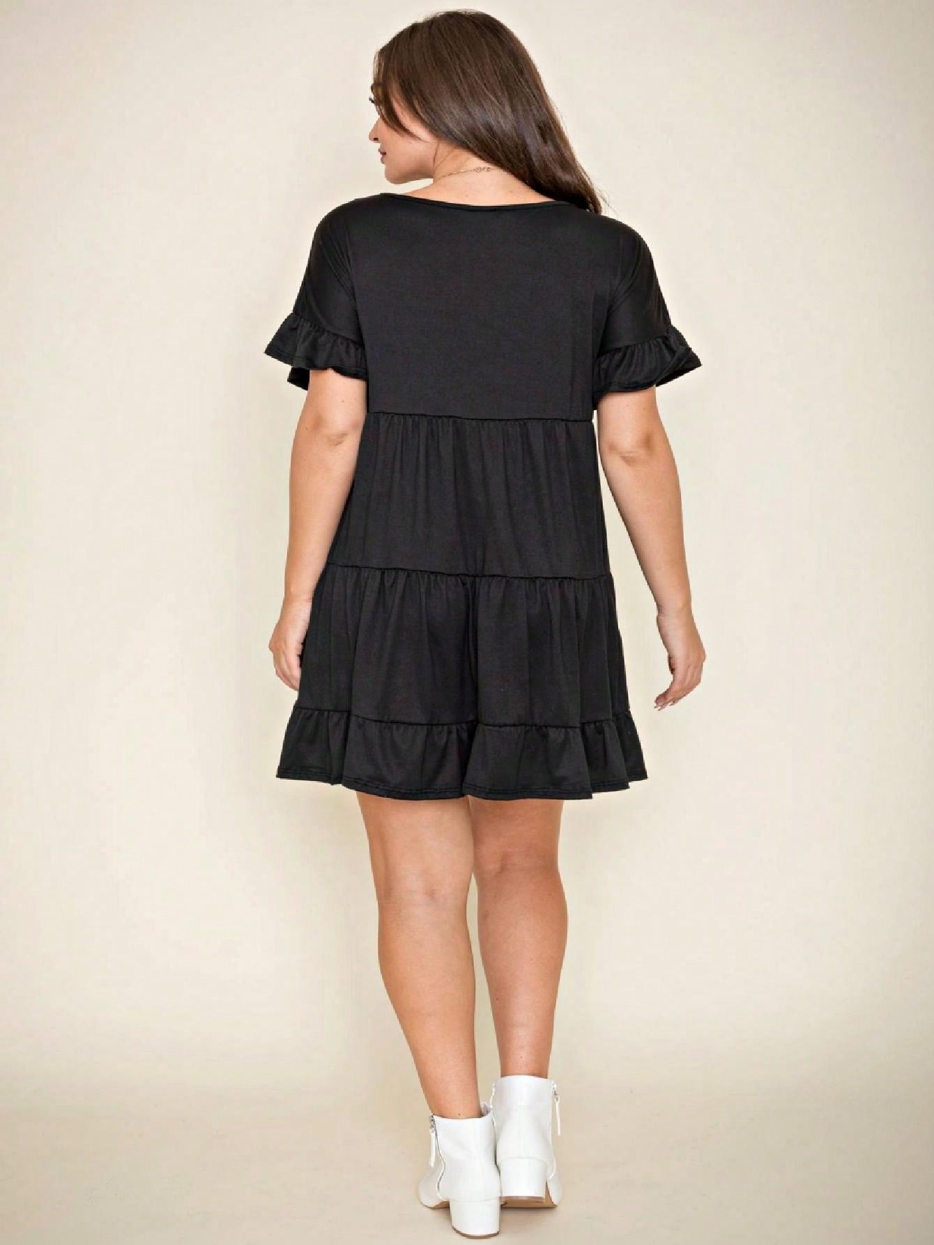 Summer Boho Retro Solid Color  Ruffle  Tiered Flutter Sleeve  Dress|  Small -3 XL