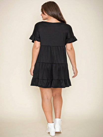 Summer Boho Retro Solid Color  Ruffle  Tiered Flutter Sleeve  Dress|  Small -3 XL