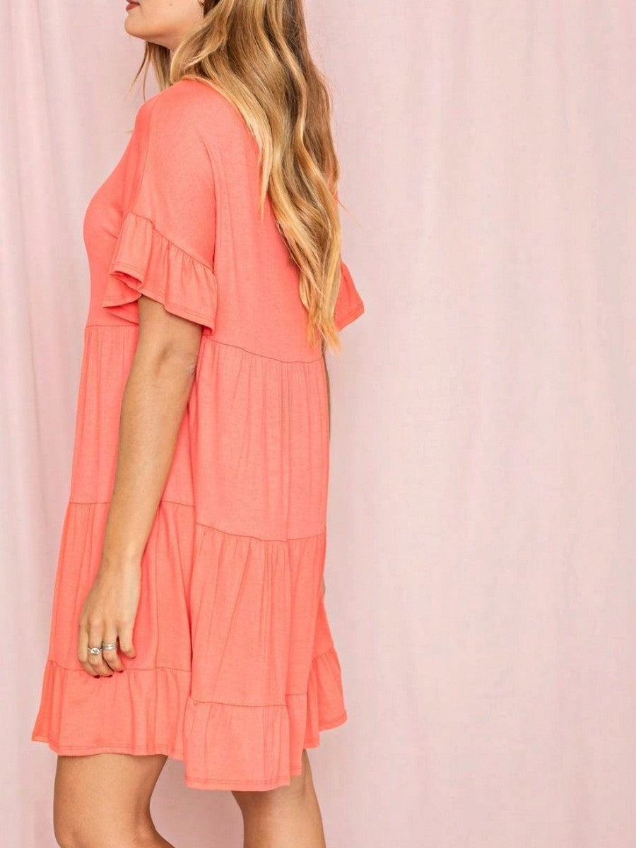 Summer Boho Retro Solid Color  Ruffle  Tiered Flutter Sleeve  Dress|  Small -3 XL