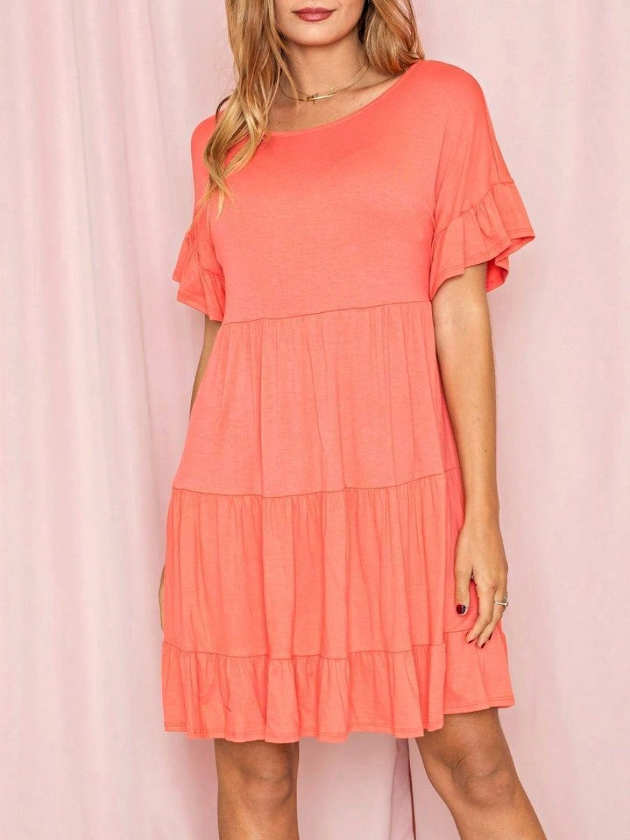 Summer Boho Retro Solid Color  Ruffle  Tiered Flutter Sleeve  Dress|  Small -3 XL