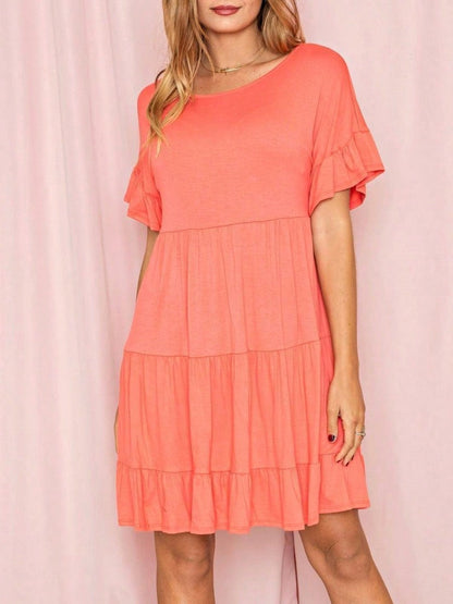 Summer Boho Retro Solid Color  Ruffle  Tiered Flutter Sleeve  Dress|  Small -3 XL