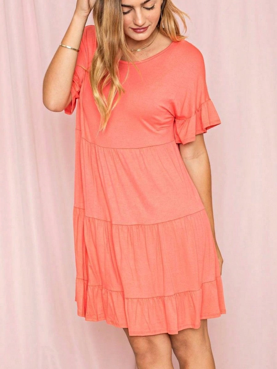 Summer Boho Retro Solid Color  Ruffle  Tiered Flutter Sleeve  Dress|  Small -3 XL