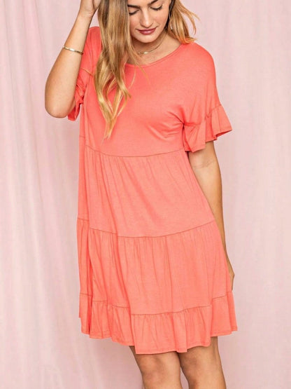 Summer Boho Retro Solid Color  Ruffle  Tiered Flutter Sleeve  Dress|  Small -3 XL