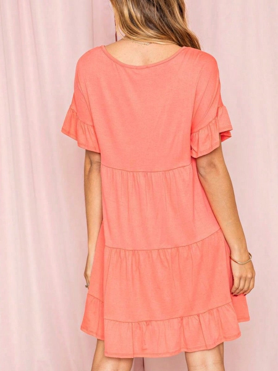 Summer Boho Retro Solid Color  Ruffle  Tiered Flutter Sleeve  Dress|  Small -3 XL