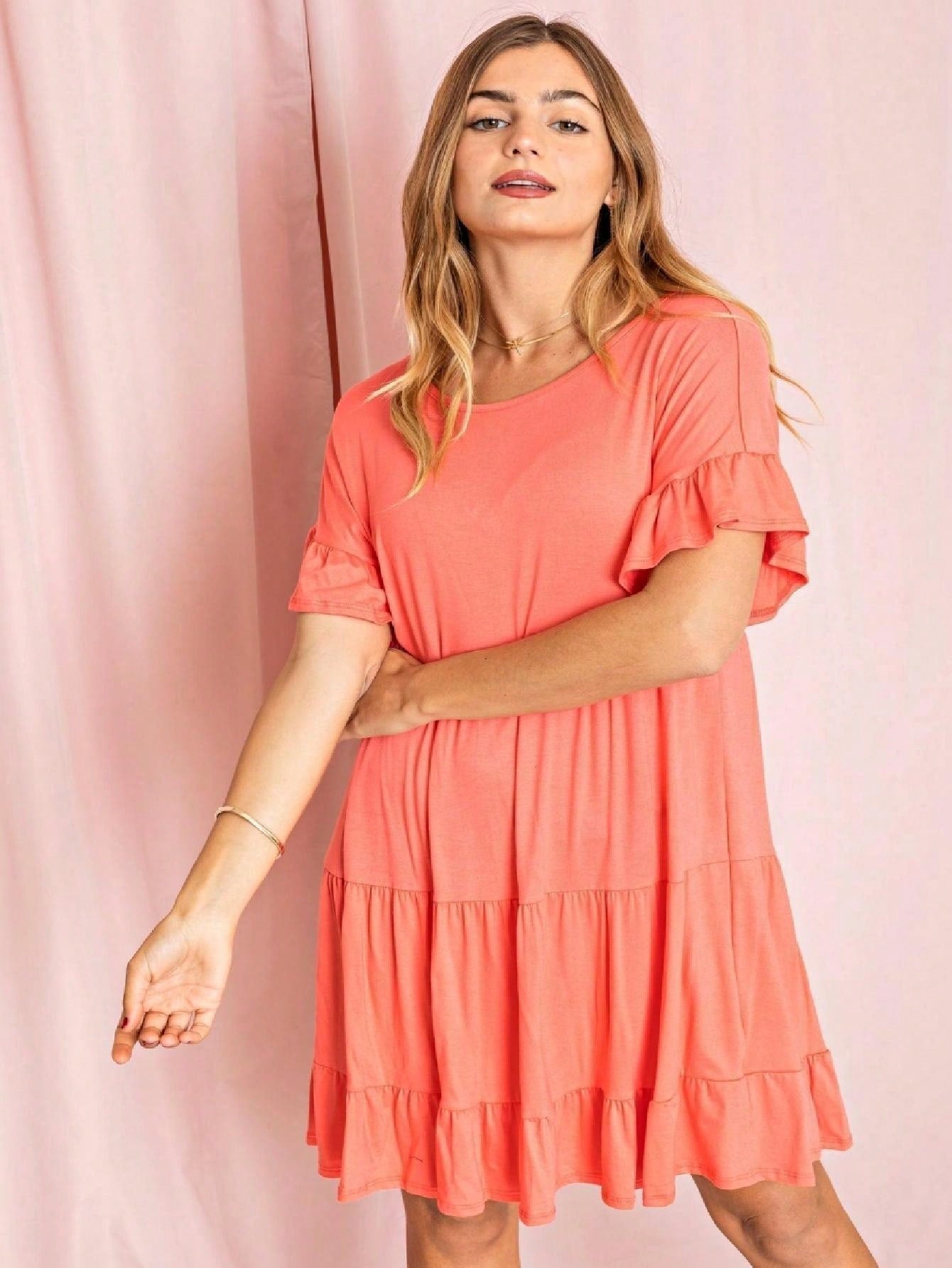 Summer Boho Retro Solid Color  Ruffle  Tiered Flutter Sleeve  Dress|  Small -3 XL