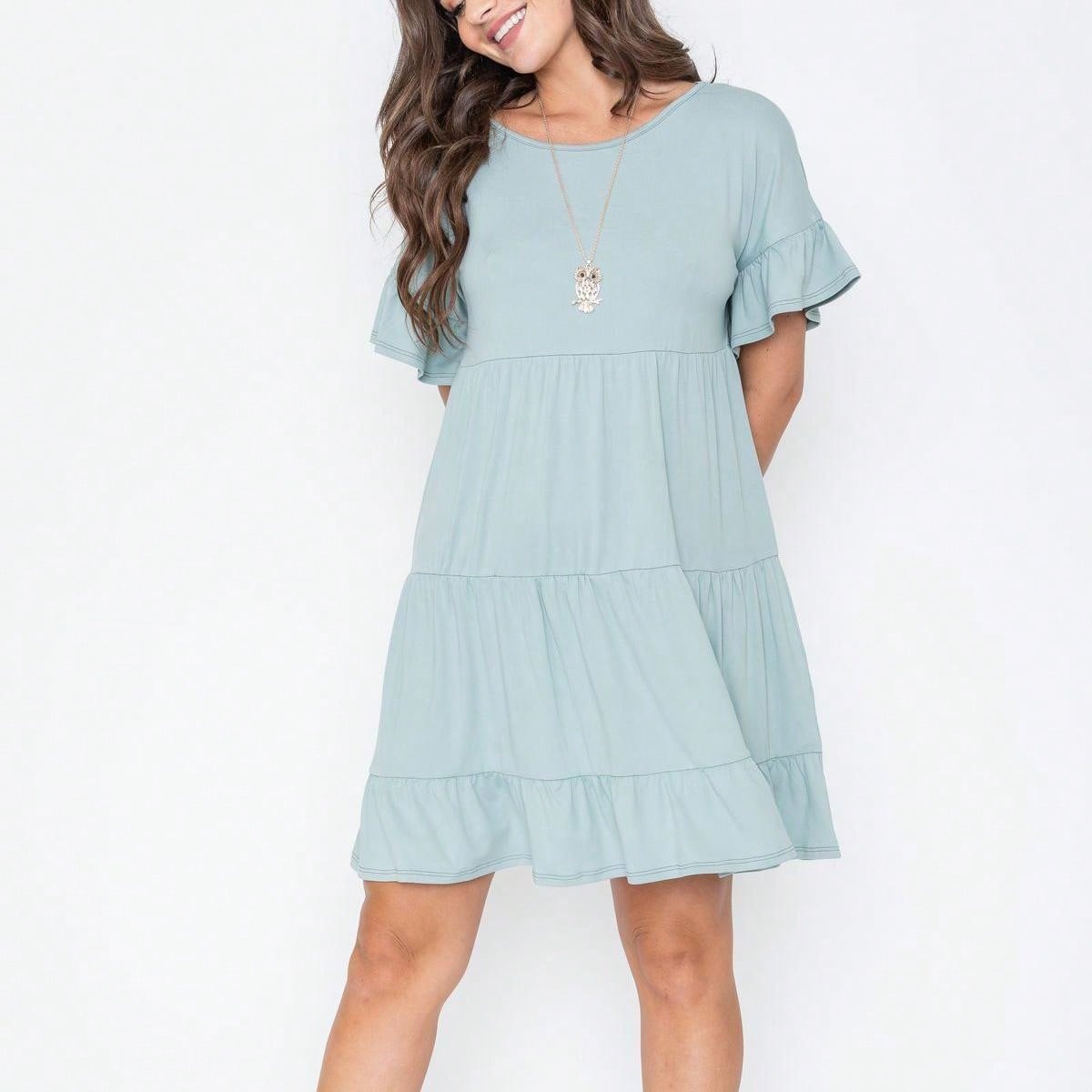 Summer Boho Retro Solid Color  Ruffle  Tiered Flutter Sleeve  Dress|  Small -3 XL