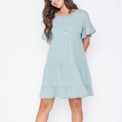 Summer Boho Retro Solid Color  Ruffle  Tiered Flutter Sleeve  Dress|  Small -3 XL