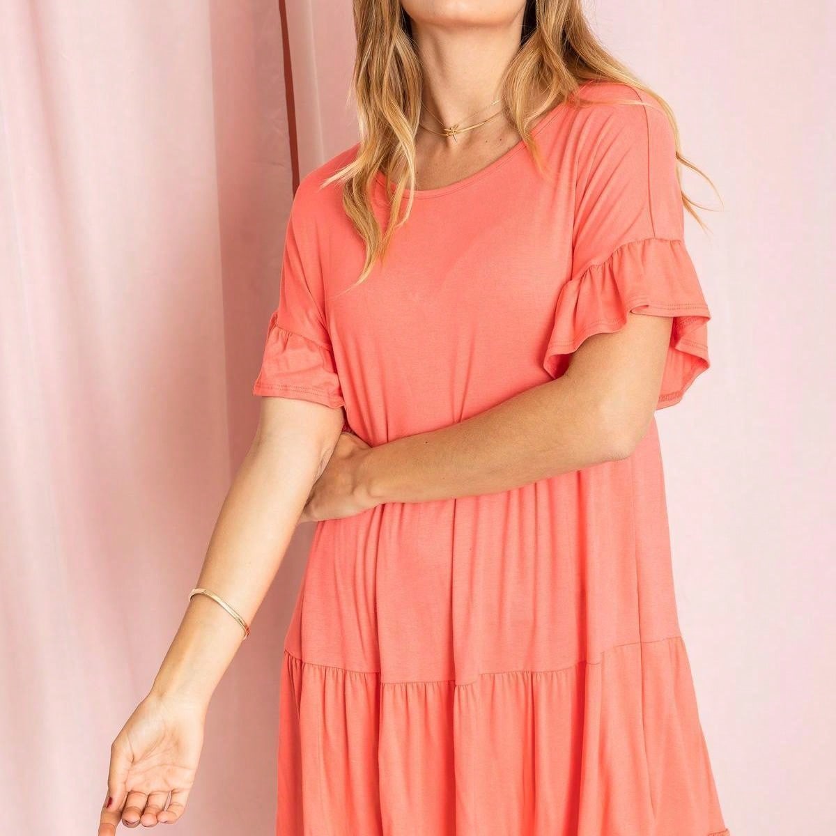 Summer Boho Retro Solid Color  Ruffle  Tiered Flutter Sleeve  Dress|  Small -3 XL