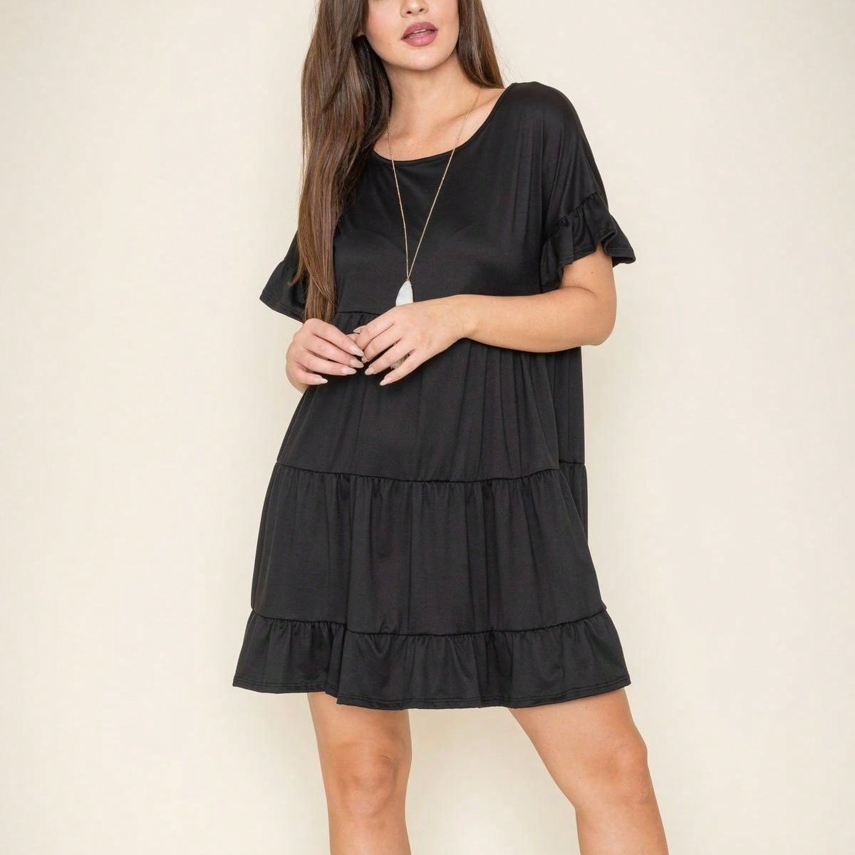 Summer Boho Retro Solid Color  Ruffle  Tiered Flutter Sleeve  Dress|  Small -3 XL