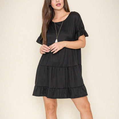 Summer Boho Retro Solid Color  Ruffle  Tiered Flutter Sleeve  Dress|  Small -3 XL