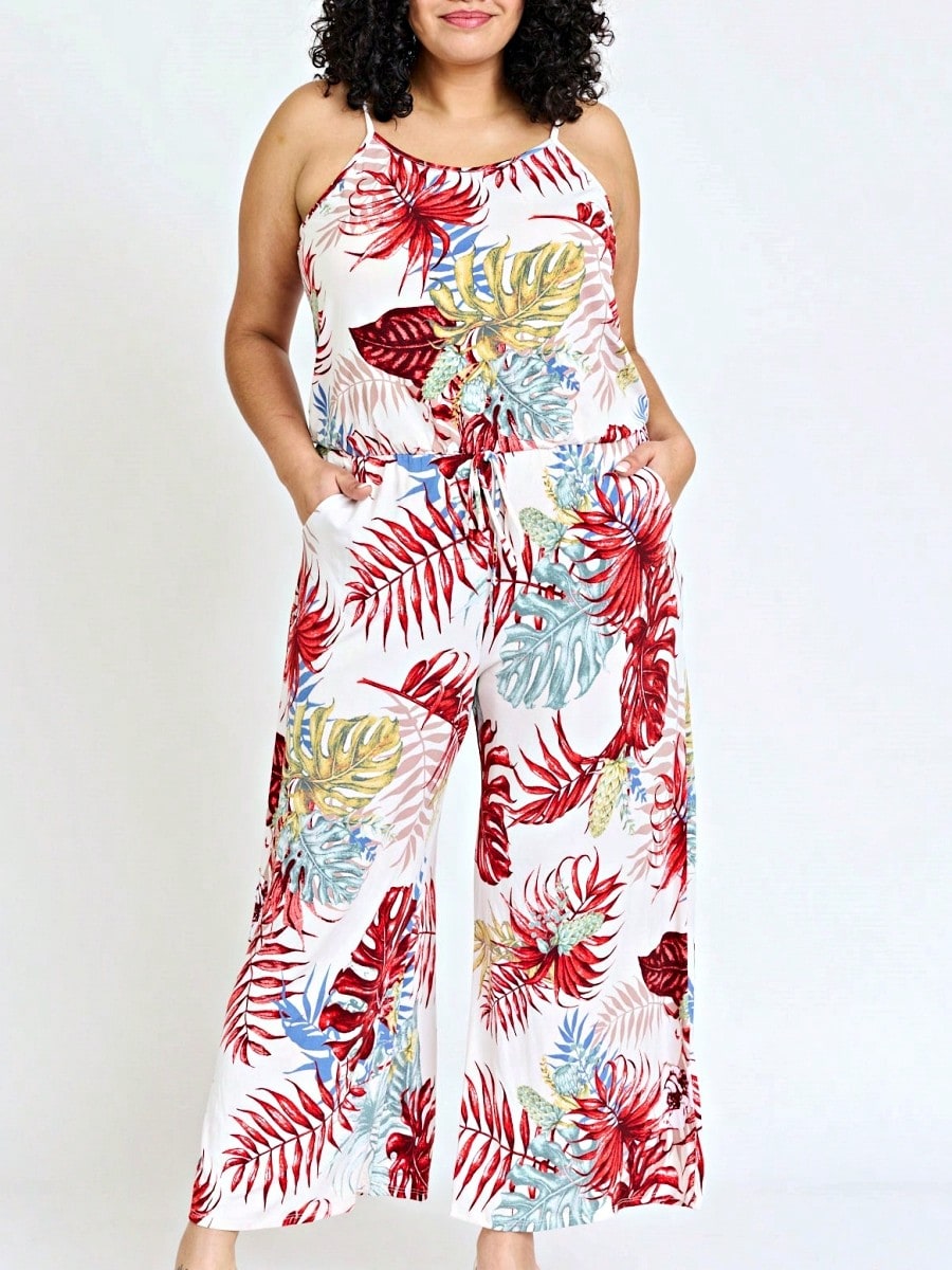 Boho Casual Teal Navy Blue Ivory Floral Leaf Tank Cami Spaghetti Strap Wide Leg Jumpsuit Small To 3 XL PLUS