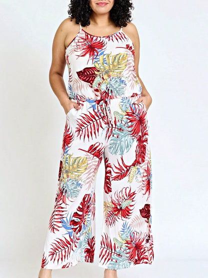 Boho Casual Teal Navy Blue Ivory Floral Leaf Tank Cami Spaghetti Strap Wide Leg Jumpsuit Small To 3 XL PLUS