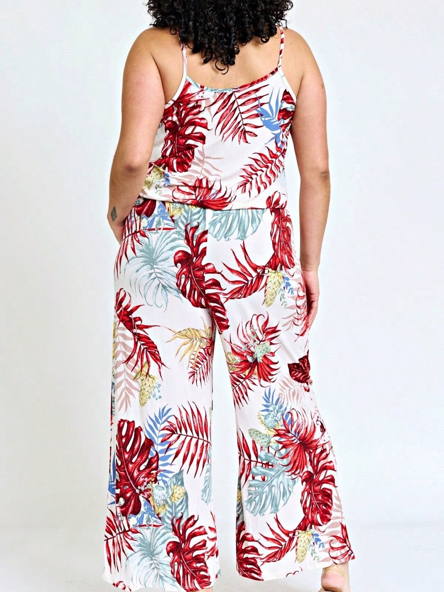 Boho Casual Teal Navy Blue Ivory Floral Leaf Tank Cami Spaghetti Strap Wide Leg Jumpsuit Small To 3 XL PLUS