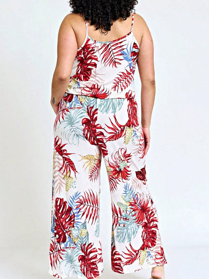 Boho Casual Teal Navy Blue Ivory Floral Leaf Tank Cami Spaghetti Strap Wide Leg Jumpsuit Small To 3 XL PLUS