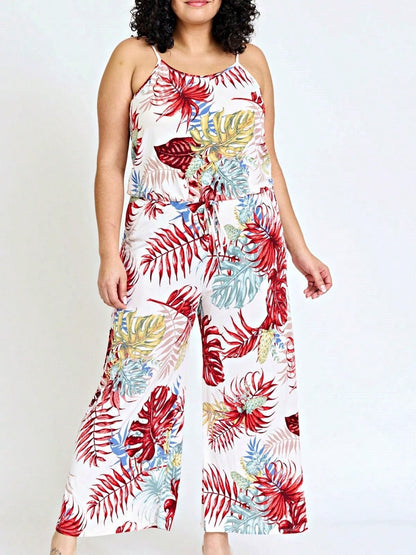 Boho Casual Teal Navy Blue Ivory Floral Leaf Tank Cami Spaghetti Strap Wide Leg Jumpsuit Small To 3 XL PLUS