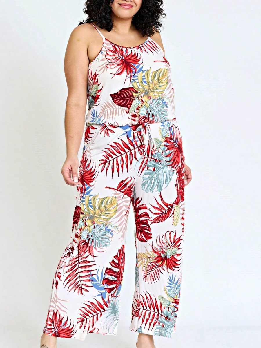 Boho Casual Teal Navy Blue Ivory Floral Leaf Tank Cami Spaghetti Strap Wide Leg Jumpsuit Small To 3 XL PLUS