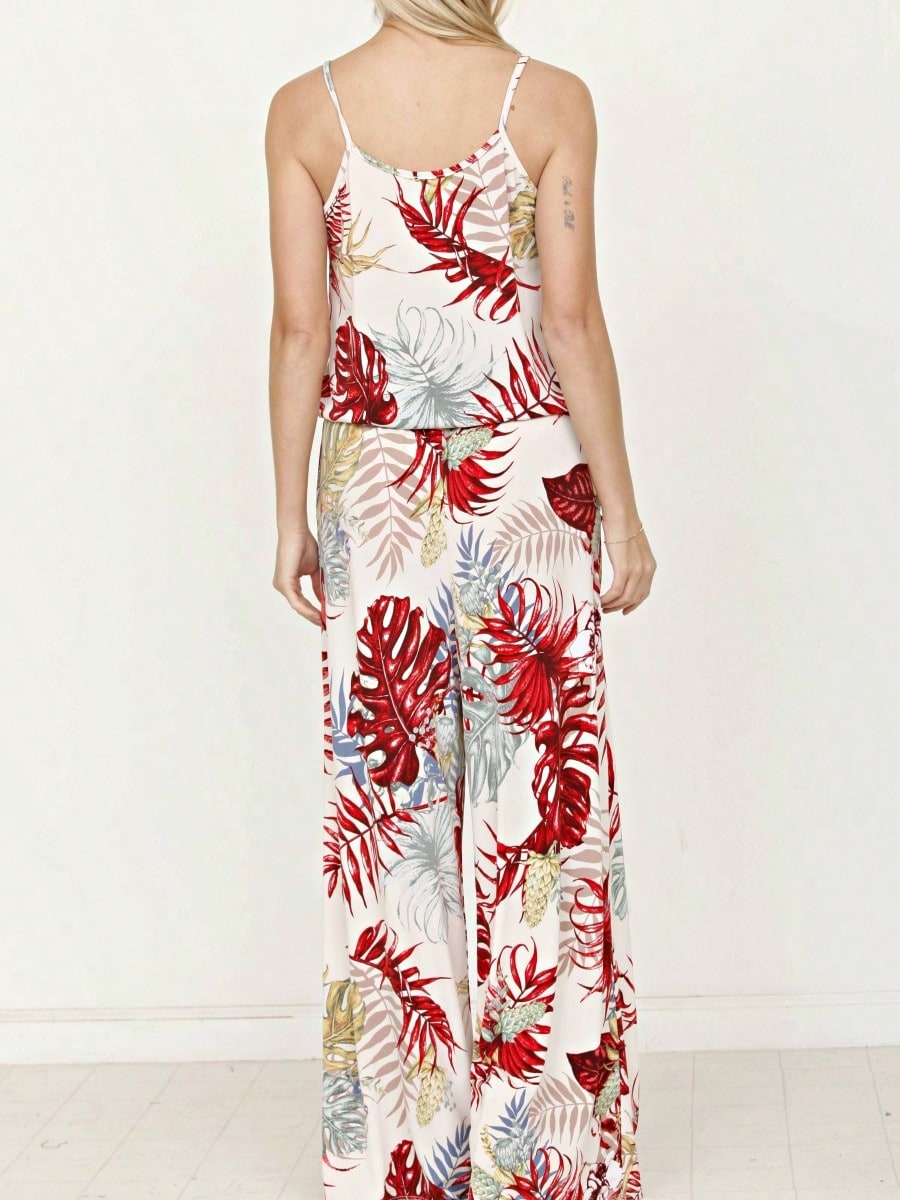 Boho Casual Teal Navy Blue Ivory Floral Leaf Tank Cami Spaghetti Strap Wide Leg Jumpsuit Small To 3 XL PLUS