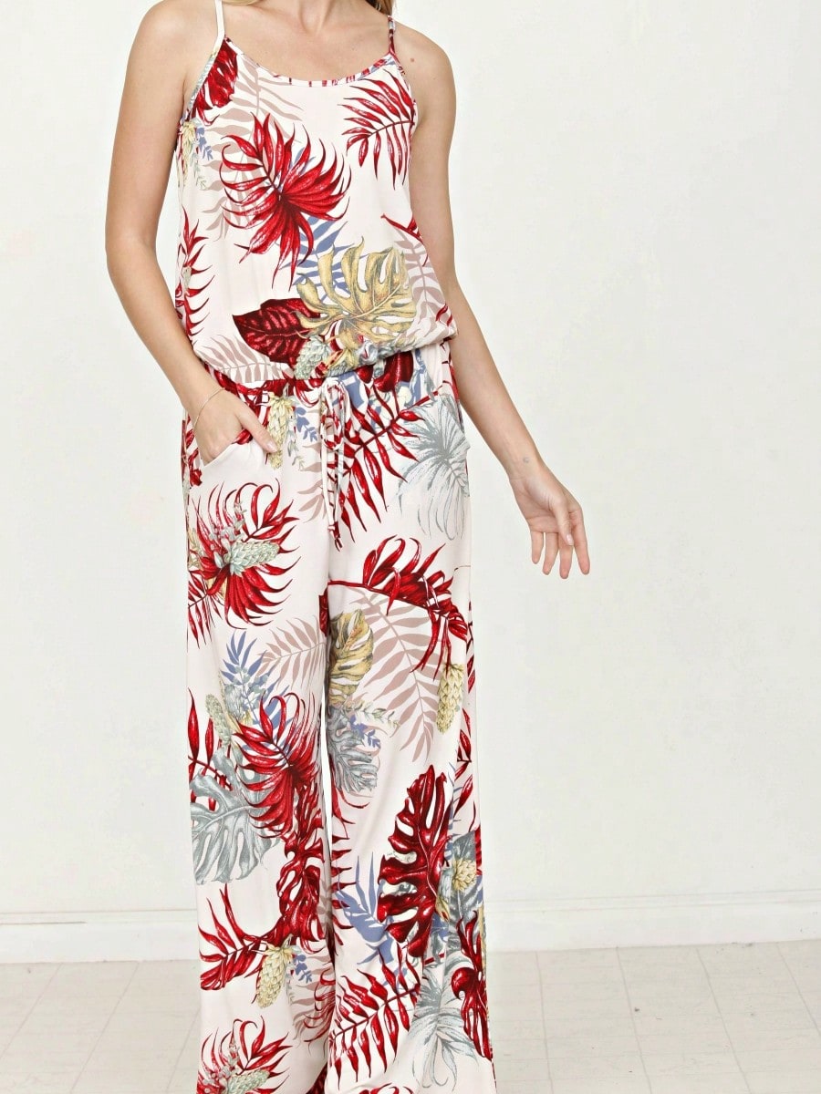Boho Casual Teal Navy Blue Ivory Floral Leaf Tank Cami Spaghetti Strap Wide Leg Jumpsuit Small To 3 XL PLUS