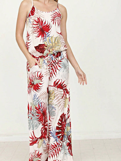 Boho Casual Teal Navy Blue Ivory Floral Leaf Tank Cami Spaghetti Strap Wide Leg Jumpsuit Small To 3 XL PLUS
