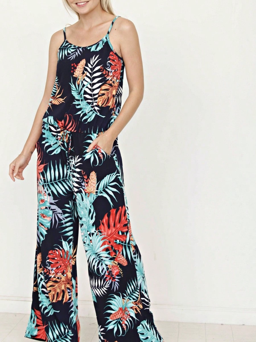 Boho Casual Teal Navy Blue Ivory Floral Leaf Tank Cami Spaghetti Strap Wide Leg Jumpsuit Small To 3 XL PLUS