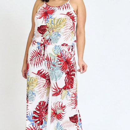 Boho Casual Teal Navy Blue Ivory Floral Leaf Tank Cami Spaghetti Strap Wide Leg Jumpsuit Small To 3 XL PLUS