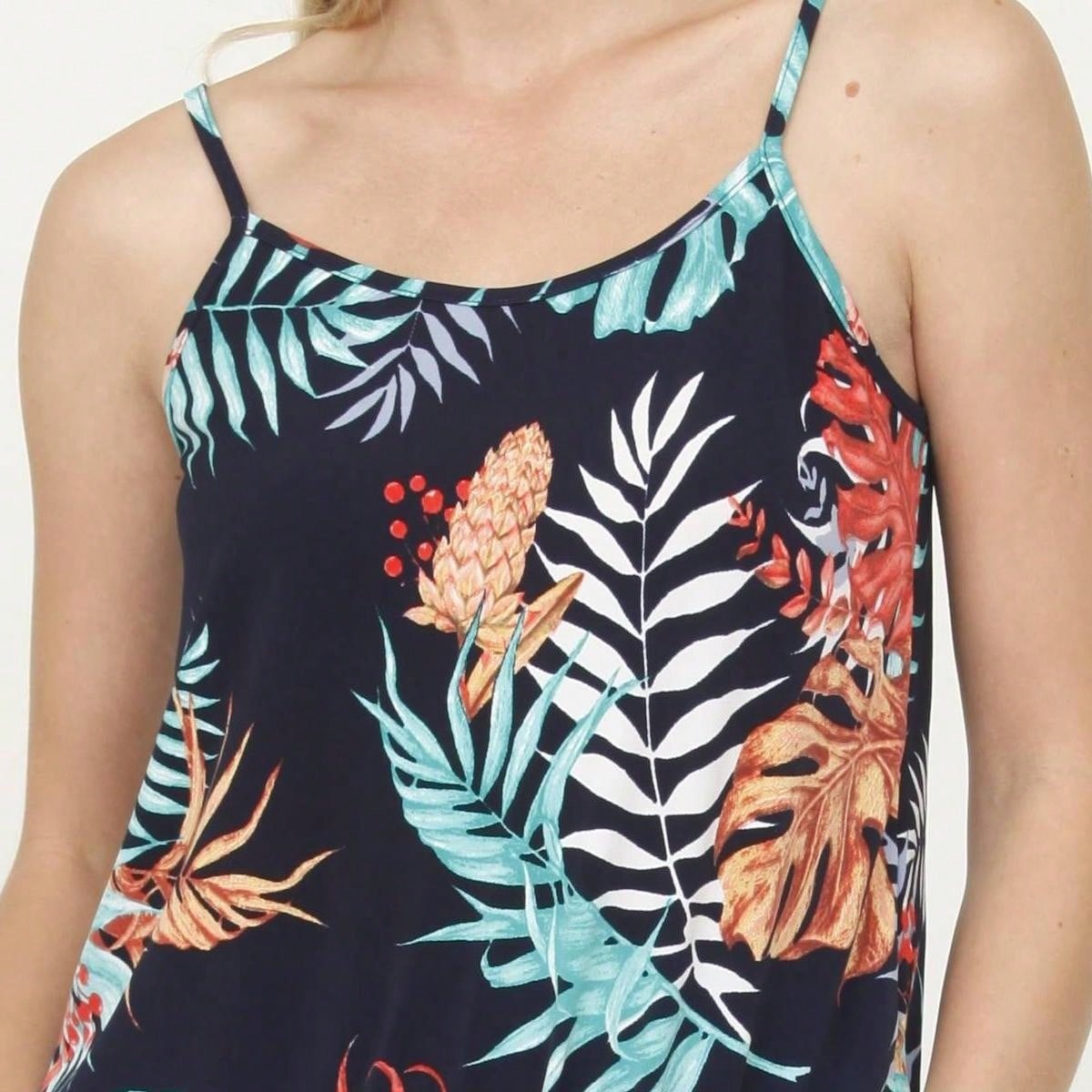 Boho Casual Teal Navy Blue Ivory Floral Leaf Tank Cami Spaghetti Strap Wide Leg Jumpsuit Small To 3 XL PLUS