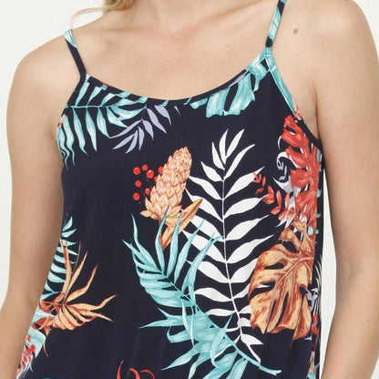 Boho Casual Teal Navy Blue Ivory Floral Leaf Tank Cami Spaghetti Strap Wide Leg Jumpsuit Small To 3 XL PLUS