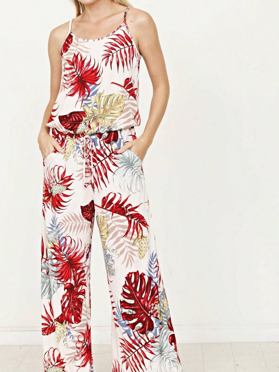 Boho Casual Teal Navy Blue Ivory Floral Leaf Tank Cami Spaghetti Strap Wide Leg Jumpsuit Small To 3 XL PLUS