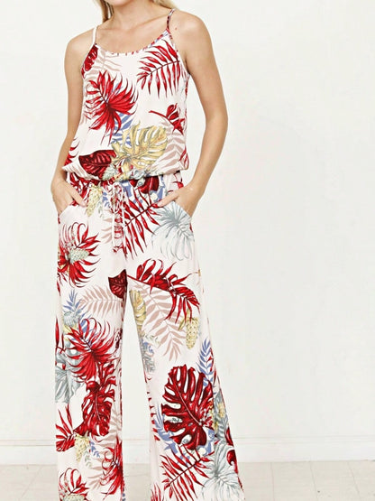 Boho Casual Teal Navy Blue Ivory Floral Leaf Tank Cami Spaghetti Strap Wide Leg Jumpsuit Small To 3 XL PLUS