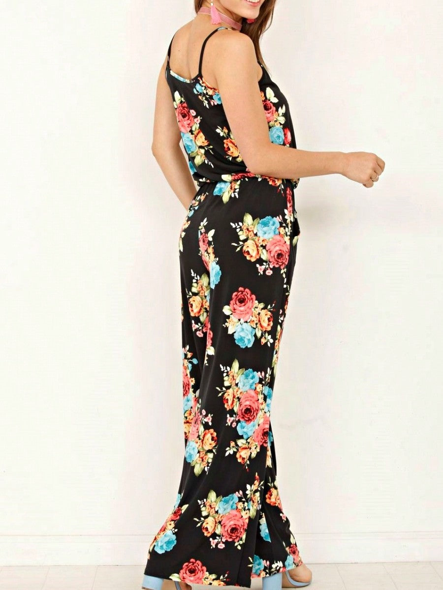 Boho Casual Teal Navy Blue Ivory Floral Leaf Tank Cami Spaghetti Strap Wide Leg Jumpsuit Small To 3 XL PLUS