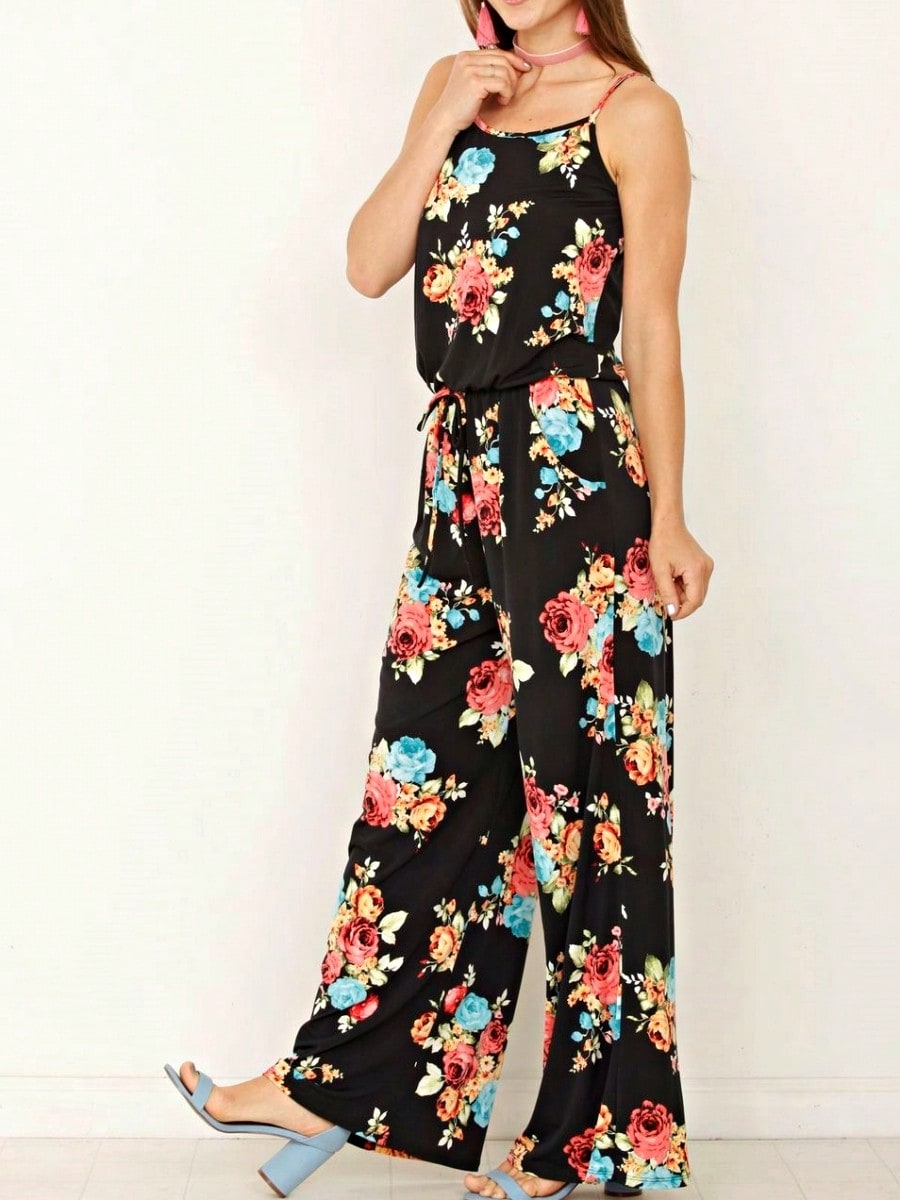 Boho Casual Teal Navy Blue Ivory Floral Leaf Tank Cami Spaghetti Strap Wide Leg Jumpsuit Small To 3 XL PLUS