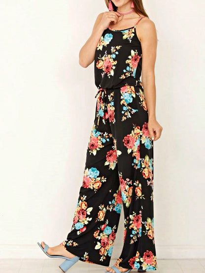 Boho Casual Teal Navy Blue Ivory Floral Leaf Tank Cami Spaghetti Strap Wide Leg Jumpsuit Small To 3 XL PLUS