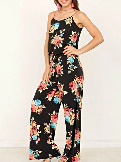 Boho Casual Teal Navy Blue Ivory Floral Leaf Tank Cami Spaghetti Strap Wide Leg Jumpsuit Small To 3 XL PLUS