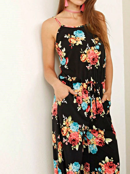Boho Casual Teal Navy Blue Ivory Floral Leaf Tank Cami Spaghetti Strap Wide Leg Jumpsuit Small To 3 XL PLUS