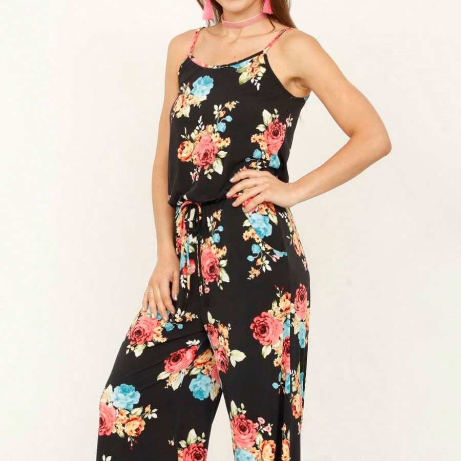 Boho Casual Teal Navy Blue Ivory Floral Leaf Tank Cami Spaghetti Strap Wide Leg Jumpsuit Small To 3 XL PLUS