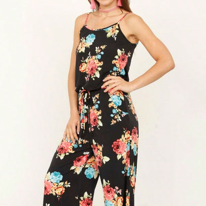 Boho Casual Teal Navy Blue Ivory Floral Leaf Tank Cami Spaghetti Strap Wide Leg Jumpsuit Small To 3 XL PLUS