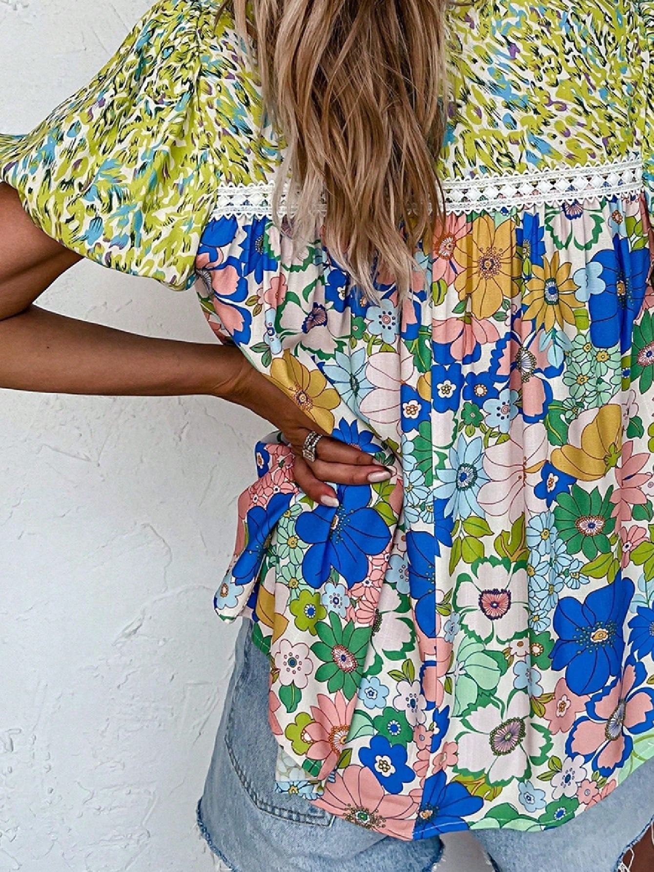 Boho Retro Green Floral Crochet Trimmed Viscose Back Pleated 60's Viscose Soft Top Shirt Blouse