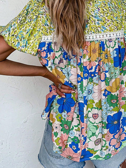 Boho Retro Green Floral Crochet Trimmed Viscose Back Pleated 60's Viscose Soft Top Shirt Blouse