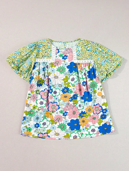 Boho Retro Green Floral Crochet Trimmed Viscose Back Pleated 60's Viscose Soft Top Shirt Blouse